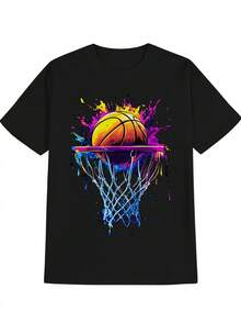 Men's Casual Graphic T-Shirt With Vibrant Basketball Dunk Print - Black Round Neck Summer Tee, Machine Washable Regular Fit Top For Sports Fans & Gifts - màu đen - Xem 3