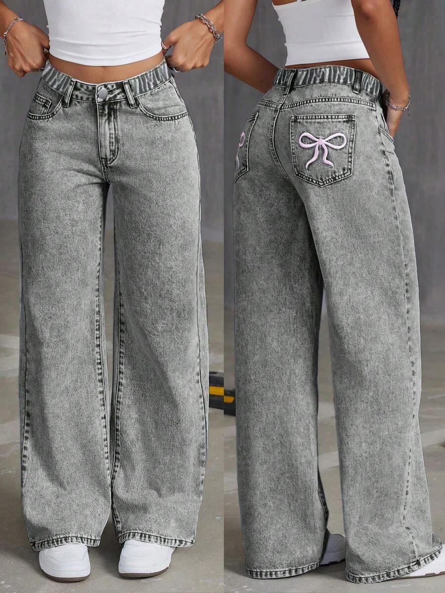 Tween 女童宽松休闲舒适蝴蝶刺绣直筒阔腿牛仔裤 - 灰色 - 查看 1