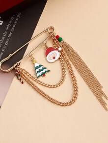 1 pieza Elegante y lindo broche de cadena de metal con reno, muñeco de nieve, campana y borla navideños, accesorio de regalo