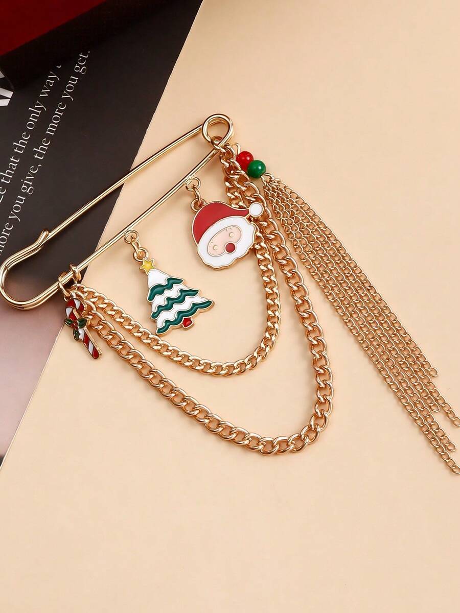 1 pieza Elegante y lindo broche de cadena de metal con reno, muñeco de nieve, campana y borla navideños, accesorio de regalo