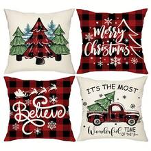 1/4pcs, Buffalo Plaid Christmas Throw Pillow Covers, 45*45cm Christmas Tree And Truck Decor Cushion Covers, Farmhouse Winter Holiday Believe Prints Decor Pillowcases, For Porch Patio Couch Sofa Living Room Outdoor, Home Decor, Without Pillow Inserts Christmas Decorations Christmas Decoration Christmas Decorations Home Room Decor