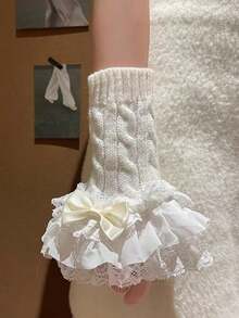 1 pieza Duradera y suave al tacto, estas mangas con lazo de encaje están adornadas con ribete de encaje y lazos. Perfectas para combinar con un vestido dulce para citas o fiestas.