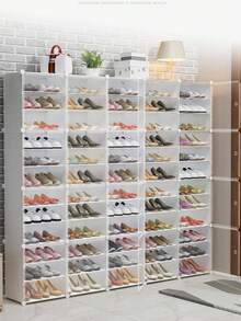 Shoe Rack Organizer, 12-Tiers Stackable 48/72/96/120 Pairs DIY Plastic White Shoe Rack With Covers, Clear Shoe Boxes Stackable Slipper Organizer, Modular Shoes Organizer Expandable - White - View 9