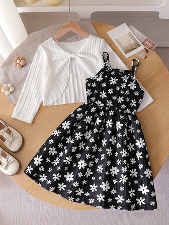 2 pièces Ensemble casual pour jeunes filles, Top tricoté à manches longues de couleur unie + robe nuisette à imprimé floral, tenue mignonne et pour le port extérieur et quotidien