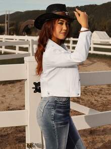 Áo khoác denim nữ màu trắng dáng ngắn ôm sát - Phong cách miền Tây giản dị, phù hợp cho trang phục thường ngày, chụp ảnh ở trang trại và phối đồ đa năng. - trắng - Xem 5