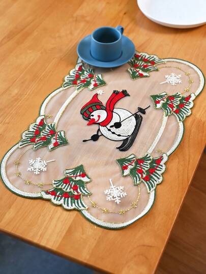 1pc Christmas Snowman & Pine Tree Placemat, White Polyester Fabric Lace Embroidered Rectangular Placemat, Suitable For Christmas Holiday And Daily Dining Table