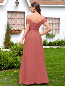 MIUSOL Sequin Floral Lace Off-Shoulder Sweetheart Neck Ruffle Hem Chiffon Formal Party Maxi Dress - Dusty Pink - View 3