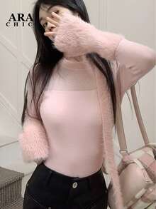 Suéter semitransparente rosa para mujer ARA CHIC - Mangas abullonadas con paneles de piel sintética de visón, capa base ajustada, estilo dulce y cautivador para citas, cumpleaños y reuniones, nueva colección de otoño e invierno