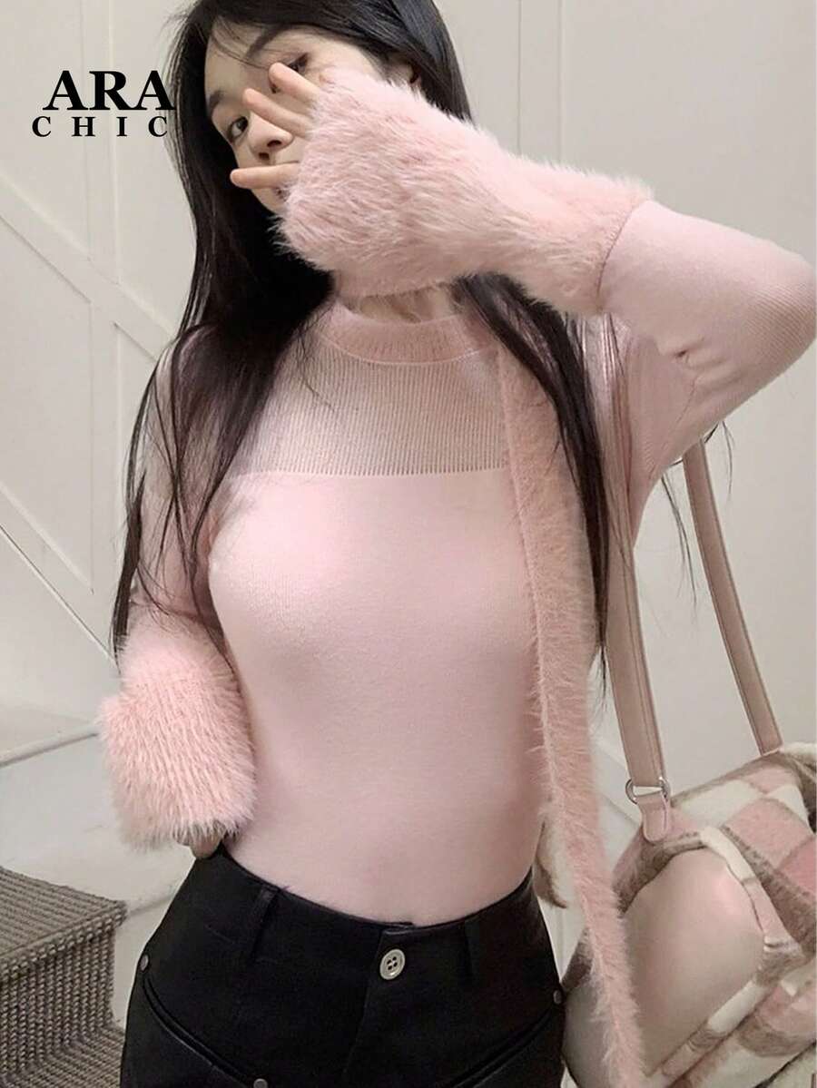 Suéter semitransparente rosa para mujer ARA CHIC - Mangas abullonadas con paneles de piel sintética de visón, capa base ajustada, estilo dulce y cautivador para citas, cumpleaños y reuniones, nueva colección de otoño e invierno