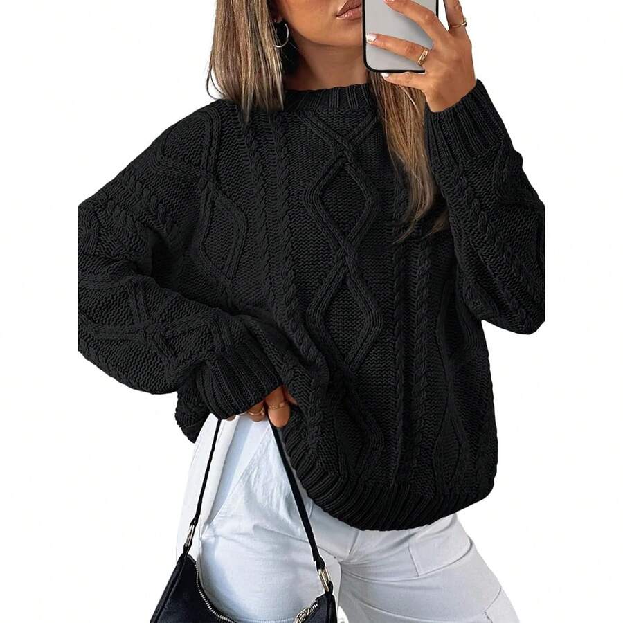 2025  Women's Oversized Cable Knit Crewneck Sweaters - 黑色 - View 1