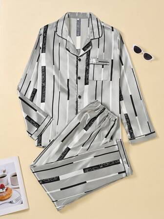 2pcs Men's Striped Letter Pajama Set, Long Sleeve Shirt And Long Pants, Striped Letter Pocket Front Button Closure, Casual, Cool, Cute, Retro Gentleman/British Style Solid Color Men's Pajama Set, Suitable For Home, Leisure, Outdoor Fashion Wear, Winter Clothes