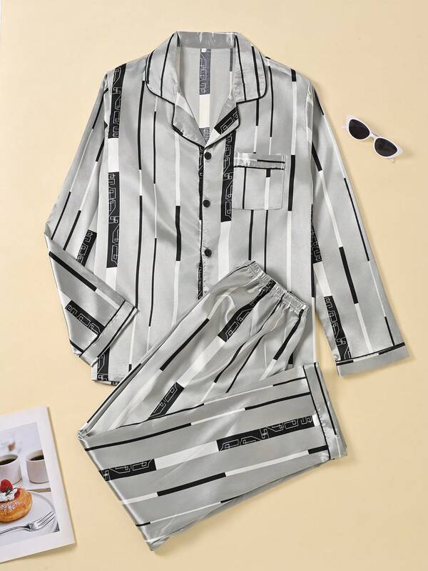 2 piezas Conjunto de pijama a rayas con letras para hombres, camisa de manga larga y pantalón largo, bolsillo con letras a rayas con cierre de botones delantero, estilo casual, fresco, lindo, caballero retro/británico. Conjunto de pijunicolor sólido para hombres, adecuado para el hogar, ocio y uso al aire libre.