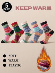 5 Pairs Women's Bohemian Style Christmas Mid-Calf Socks, Suitable For Outdoor, Sports, Home, Office Everyday Wear, Autumn/Winter