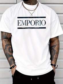 Men's Round Neck T-Shirt 100% Cotton, Short Sleeve, Men'S Casual Fashion Short Sleeve T-Shirt - Cotton Lightweight 200gsm, Regular Fit Round Neck, Stretchy Summer Tee With Emporio Letter Print, Comfortable Daily Wear & Gift Idea, Everyday Comfort, Breathable Fabric Travel & Relaxation, All-Season Comfort Christmass Gift - trắng - Xem 1