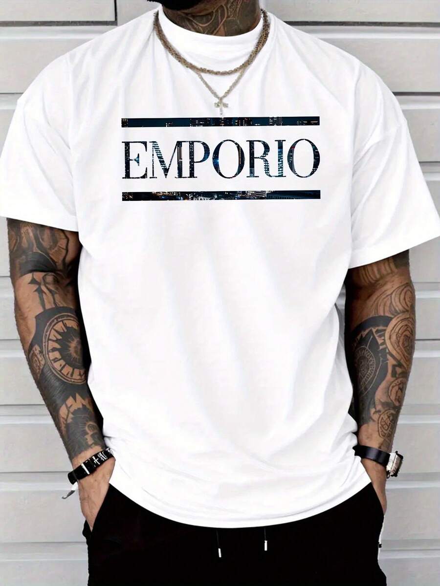 Men's Round Neck T-Shirt 100% Cotton, Short Sleeve, Men'S Casual Fashion Short Sleeve T-Shirt - Cotton Lightweight 200gsm, Regular Fit Round Neck, Stretchy Summer Tee With Emporio Letter Print, Comfortable Daily Wear & Gift Idea, Everyday Comfort, Breathable Fabric Travel & Relaxation, All-Season Comfort Christmass Gift - trắng - Xem 1