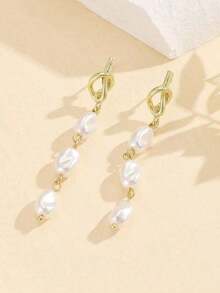 1pair Knotted Shaped Metal Asymmetrical Pearl Pendant Earrings - 金子 - 查看 8
