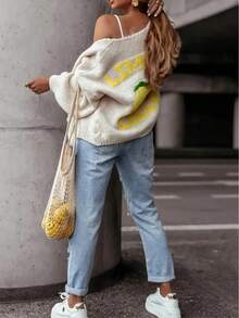 Women's Loose V-Neck Cardigan, Lemon Pattern Design, Soft And Warm Fabric, Fashion Lantern Sleeve Long Sleeve Cardigan, Polyester, Ribbed Button Front Sweater - Essential For Autumn/Winter And New Year - Apricot - View 4