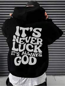 Men's Loungewear Black Hoodie For Men With White Print "It's Never Luck, It's God" On The Back - Casual Sweatshirt, Religious Faith Clothing, Warm Hooded Coat For Winter, Machine Washable, Ideal For Casual Outfit And Gift Loose And Comfortable - 黑色 - 查看 11