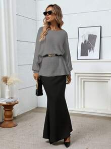 Plus Size Solid Color Batwing Sleeve Loose Pullover Sweater - Grey - View 6