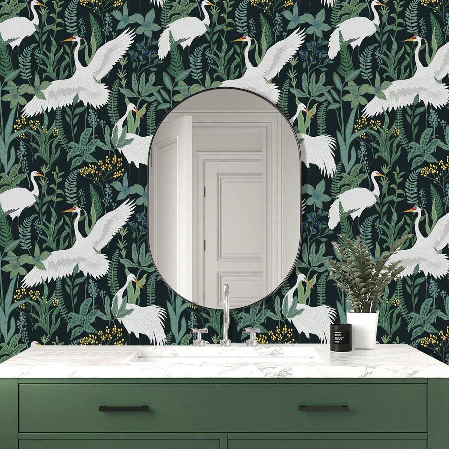 1 لفة ورق حائط لاصق ذاتي بطراز رجعي، بنقوش نباتات خضراء وطائر الكركي الأبيض والأحمر، ورق جداري قابل للإزالة من الفينيل، مقاس 17.32*118.11 بوصة، مقاوم للماء مناسب لديكور غرف المعيشة والمطبخ والنوم والحمام، تجديد الأثاث، ديكور منزلي طبيعي حديث، ورق حائط فني خريفي