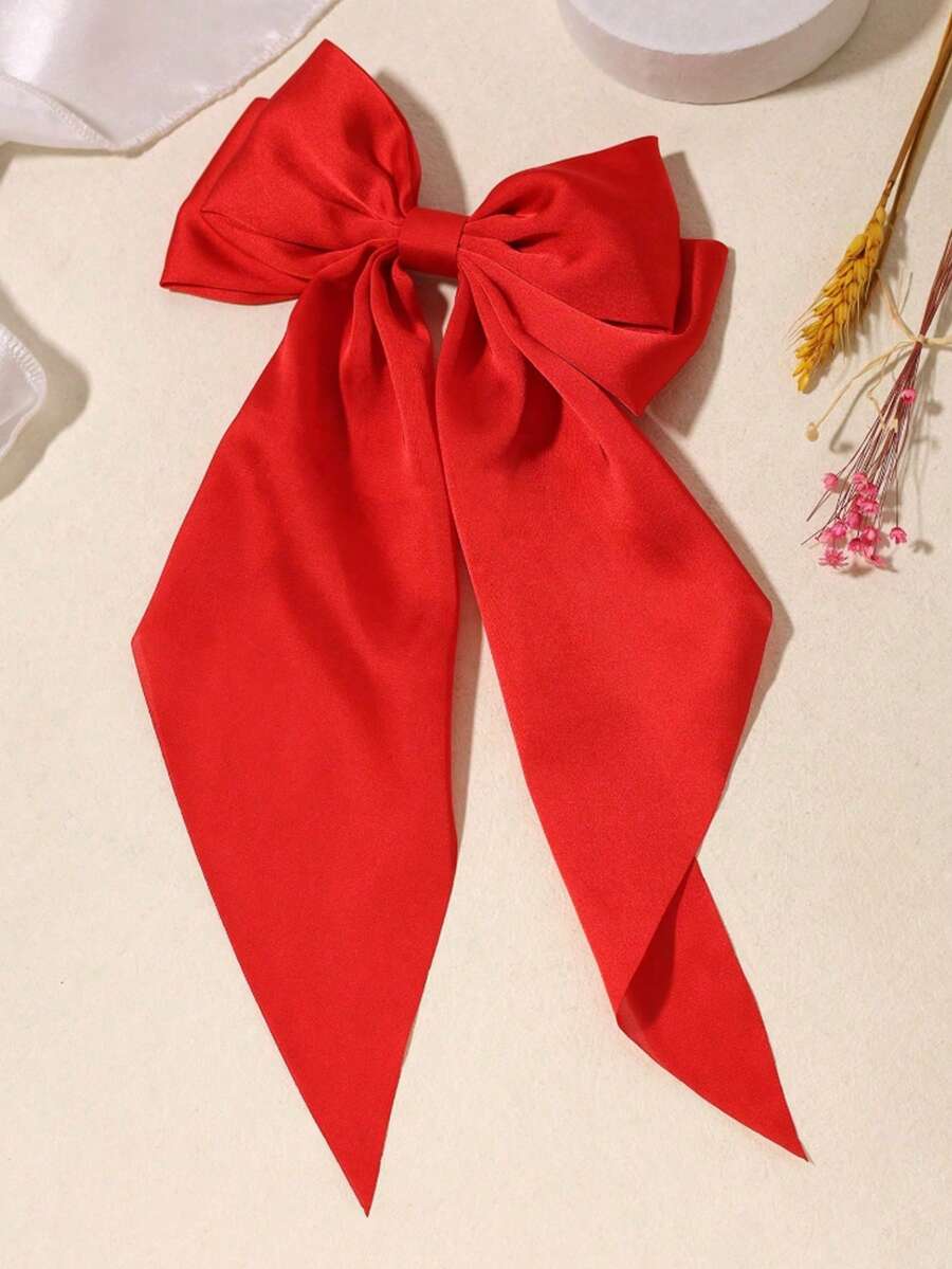 1pc Solid Satin Hair Clip With Satin Ribbon And Large Bow, Versatile Style, Valentine's Gift, Hair Accessory, Elegant, Suitable For Girls In Winter, Bowknot, Cute - Red - View 1