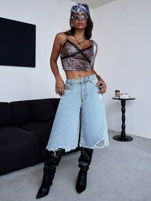 Women's Y2K Distressed Denim Culottes High Waisted Wide Leg Mid Length Jeans Vintage Ripped Loose Fit Jean Shorts For Women - 雪花 - 查看 2