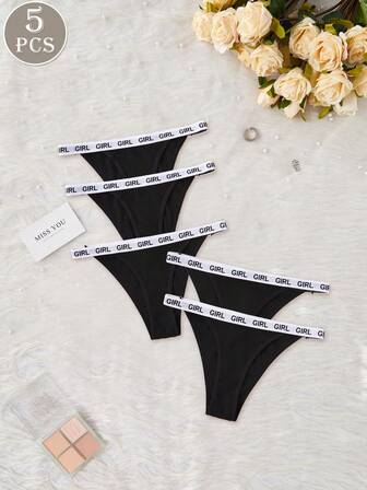 5pcs/Pack Sexy Contrast Color English Text Jacquard Women's Seamless Thong Panties, European & American Style