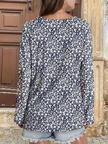 Camiseta de manga larga casual con estampado floral diminuto para mujer de talla grande, primavera/otoño - Multicolor - Ver 4