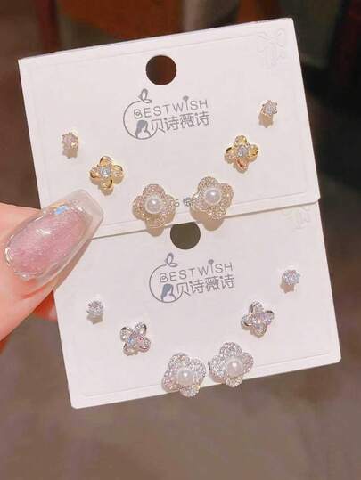 1 Set Copper Zirconia Gold Plated Clover Lucky Charm Earrings Set, Versatile Gift