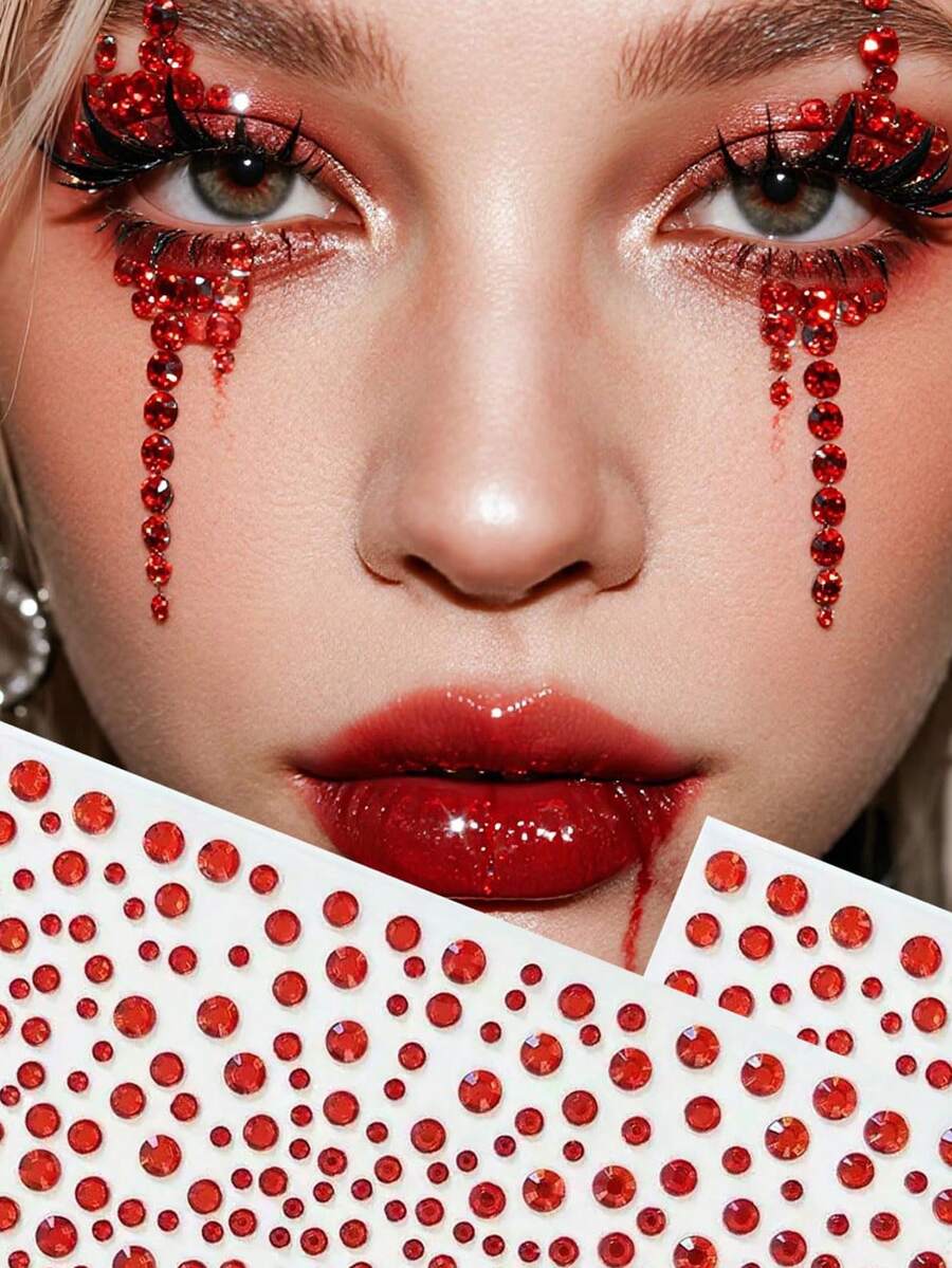 2片红色闪亮脸部水钻贴纸，锐舞派对妆容水钻贴纸，Y2K风格音乐节DIY眼部及面部装饰，情人节礼物 - 紅色 - 查看 1