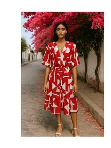 Casual Printed Summer Dress - Red - View 2