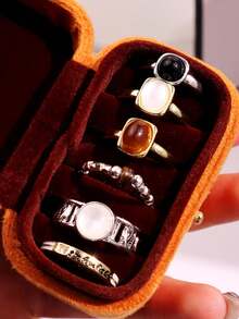 6pcs/Set Vintage Elegant Colorful Gemstone & Rhinestone Inlaid Tiger Eye Stone Women's Ring Set, Holiday Jewelry
