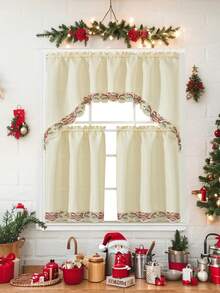 1 Set 100% Polyester Fabric Christmas Bell & Floral Embroidered European Style Curtains, Suitable For Kitchen, Window, Home Decor, Living Room, Wedding, Party - Multicolor - View 2