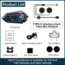 Y12 Bluetooth 5.4 Motorcycle Helmet Headset Voice Control Wireless Handsfree Call Waterproof FM Radio Earphone Kit