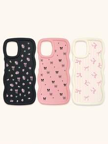 Black White Pink Bowknot Fashion Phone Cases 3pcs Dopamine Themed Wavy Edge Bowknot Pattern Phone Cases Compatible With IPhone & Galaxy Phones Spring Gift - Multicolor - View 19