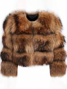 Magic Mia Women's Brown Faux Fur Cropped Jacket - Fluffy Sleeve Coat With Luxurious Plush Texture | Oversized Vegan Fur For Street Style, Winter Parties & Evening Events - 棕色 - 查看 4