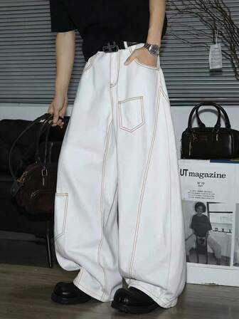 1 件水洗工装多口袋牛仔裤，男士个性化喇叭腿宽松休闲裤（产品不包括腰带和配饰）