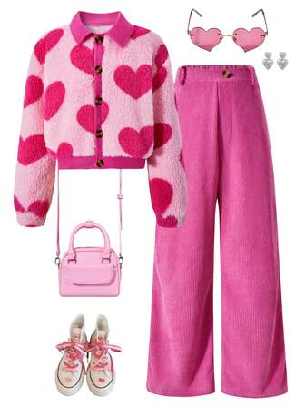 Conjunto de chaqueta de cuero rosa suave y elegante para niña, con cardigan de solapa en forma de corazón y top con botones a juego con pantalones anchos rosas. Tela cálida y cómoda, perfecto para otoño e invierno, campus, vacaciones, San Valentín, viajes y uso diario al aire libre.