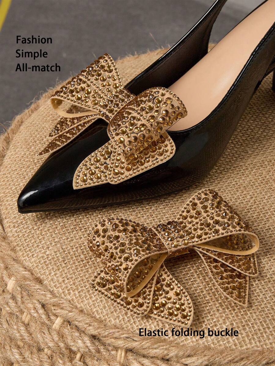 1 对水钻蝴蝶结鞋夹，迷人可拆卸鞋花弹性可折叠装饰夹，适合婚礼、派对、庆典，可灵活搭配高跟鞋、平底鞋、包包 - 金色 - 查看 1