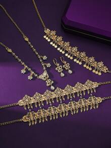 A Set Of Fashion Jewelry Headdress Combination With Necklace And Earrings, Variety Of Colors And Styles Suitable For Wedding, Daily Wear, Party - Gold Style, White Rhinestone, Versatile Bridal Accessory Set