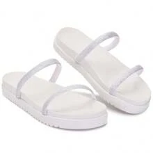Sandália Papete Birk Plataforma Feminina Regulável Com Tiras De Strass Brilhante Pedraria Diamante Glam Brilhoso Calce Fácil Leve Muito Confortável e macia - Branco - Visão 4