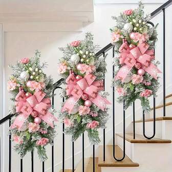 Christmas And Valentine's Day Decoration - Plastic Home Decoration Wreath, Suitable For Stairs And Wall Hanging Decoration - Pink And Gold Festival Decoration - Elegant Unlit Flowers And Ribbon Embellishments, Suitable For Wedding And Seasonal Decoration