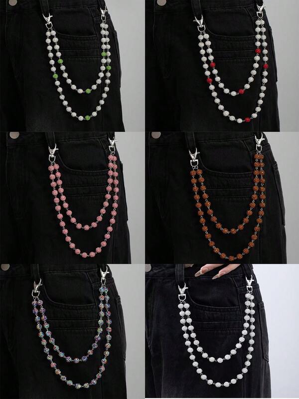 1 pieza Cadena de bolsillo, Cadena de billetera, Cadena de pantalón minimalista y elegante de estilo retro con cristales multicolor y perlas falsas para hombres, Cadena cruzada de Body punk hip-hop para hombres, Cadena de pantalón con múltiples capas de strass y perlas falsas de lujo para decoración de pantalones, Cadena cruzada de Body