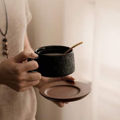 1 Set Schwarze/Weiße Felsstruktur Keramiktasse mit Henkel und Holzuntersetzer - Vintage Design, geeignet für Zuhause, Café oder Büronutzung, Kaffee Bar Zubehör