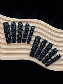 56mm Unghie quadrate extra lunghe fatte a mano, con punte di colore solido dai toni scuri, design minimalista con glitter e strass 3D full cover - Unghie finte fatte a mano con glitter per feste, uso quotidiano, eventi speciali e arte di unghie creativa - 10 pezzi/confezione