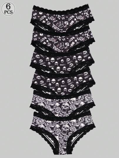 Dircho 6 piezas Bikinis de mujer sexy y góticos de talle bajo - Encaje en contraste, estampado de calaveras por todo el diseño, bragas cómodas tipo hipster para mujer - Lencería y ropa interior de Halloween