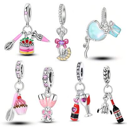 1 Charm de plata de ley con diseño de brindis con champán, 1 Charm de abridor de botellas de vino celebratorio, 1 Charm de globo de regalo de feliz cumpleaños, 1 Charm de batidor de huevos y herramienta de repostería para pastel, 1 Charm de batidor de huevos rosa y pastel, 1 Colgante de cubertería en miniatura. Ideal para hacer joyas DIY, se combina con pulseras, collares y pulseras de cuentas de serpentina natural. Un regalo lujoso para seres queridos.