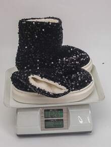2025 New Women's Halloween Thick-Soled Snow Boots, Fashionable High Heel Furry Shoes, Winter Indoor Home Non-Slip Warm Shoes, Comfortable Soft-Soled Lightweight Slippers, Furry Ankle Boots For Autumn/Winter Indoor Wear - Black Background With Black and Silver Sequins - View 11