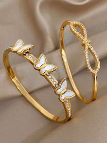 Juego de pulsera de acero inoxidable chapada en oro de 18K con elegante diseño de mariposa y lazo de circonita, joyería romántica y eterna como regalo para mamá en Navidad, Acción de Gracias, Halloween, boda, fiesta, uso diario, aniversario, San Valentín, cumpleaños, dama de honor