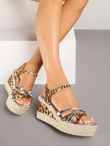 Woven Wedge Sandals With Interwoven Leopard Straps - Silver - View 1